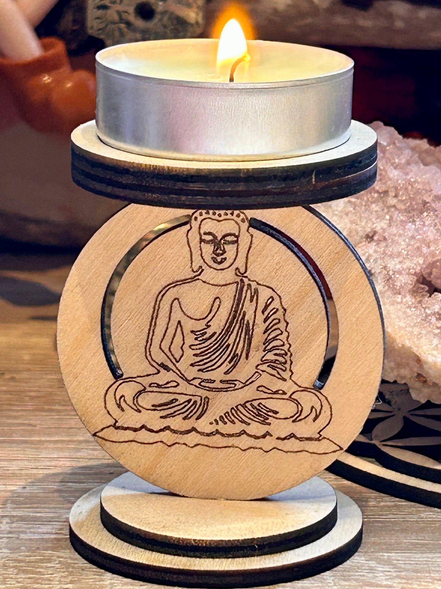 Bougeoir en bois Bouddha