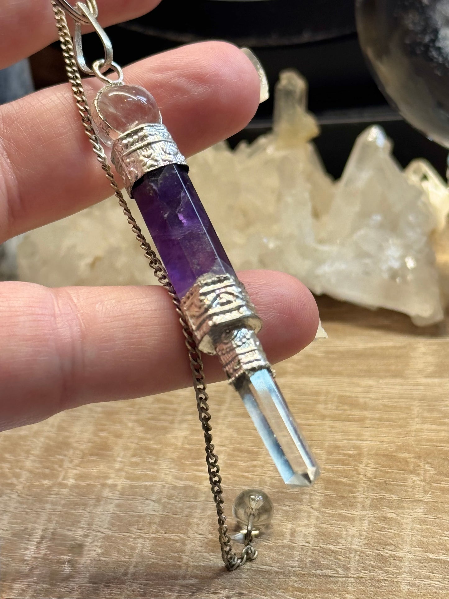 Pendule Pointe Cristal de Roche et Améthyste