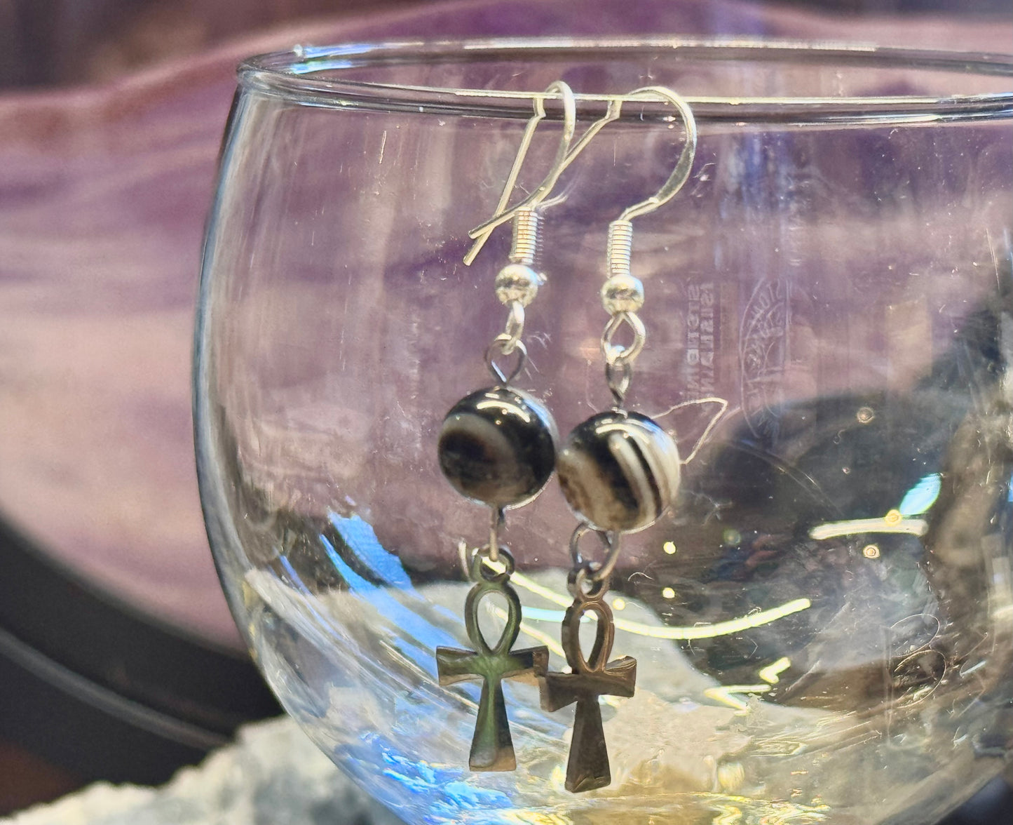 Boucles d’oreilles Agate Oeil et Croix de Ânkh