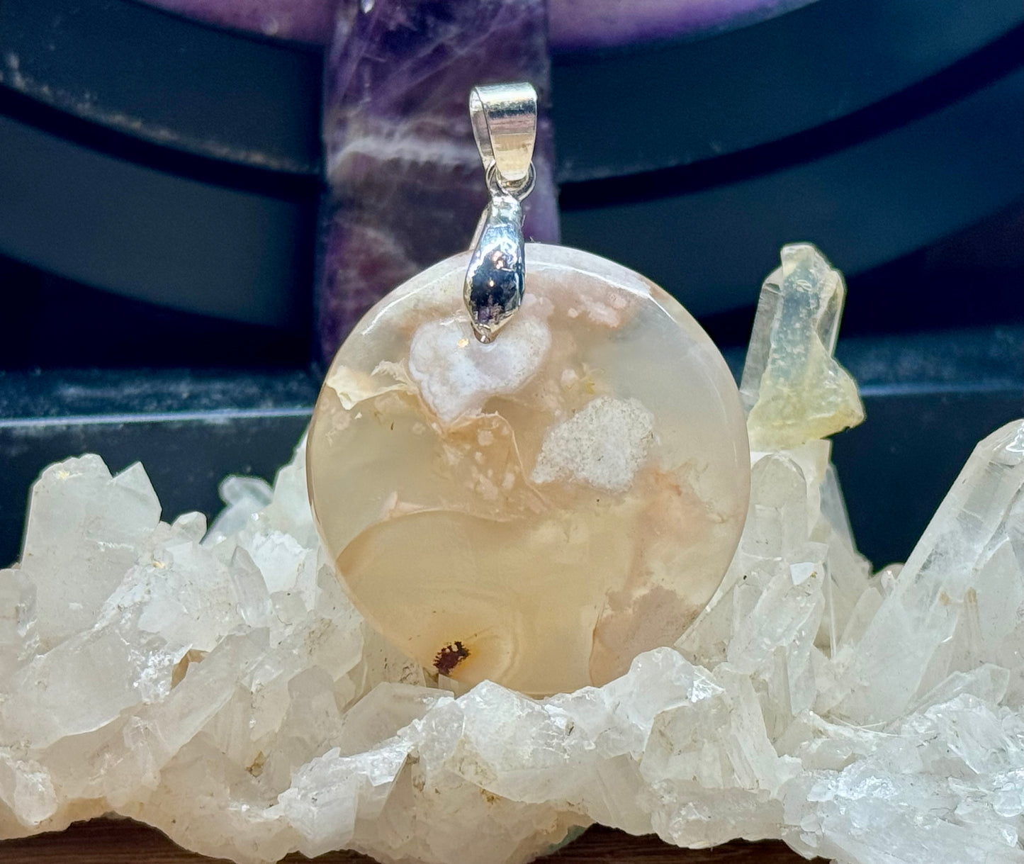 Pendentif rond en Agate Fleurs de cerisier