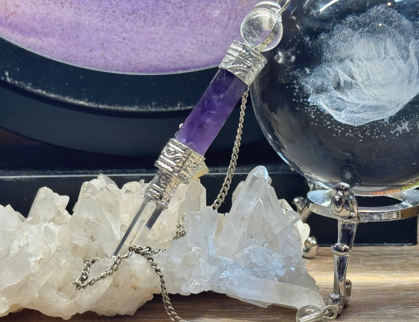 Pendule Pointe Cristal de Roche et Améthyste