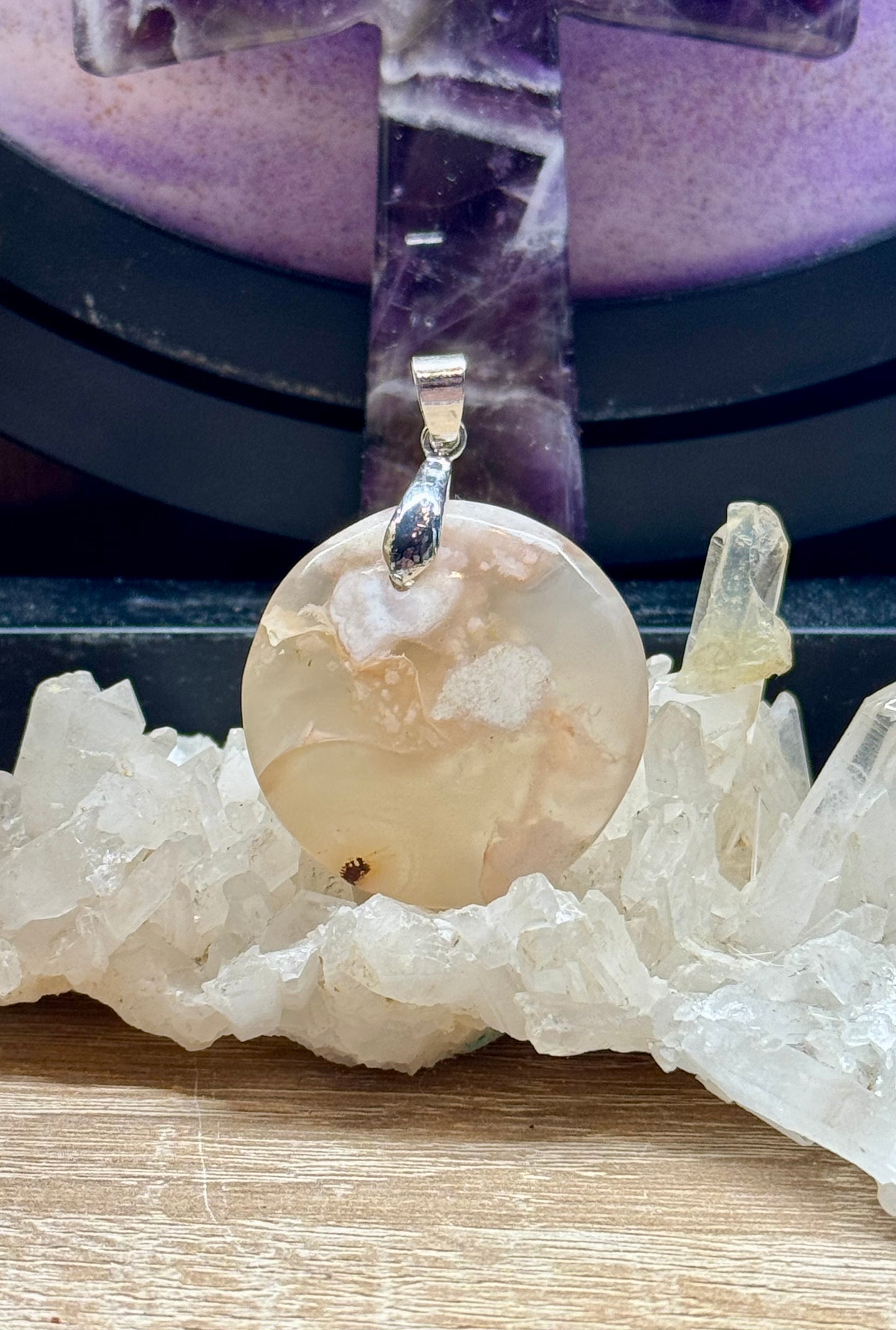 Pendentif rond en Agate Fleurs de cerisier