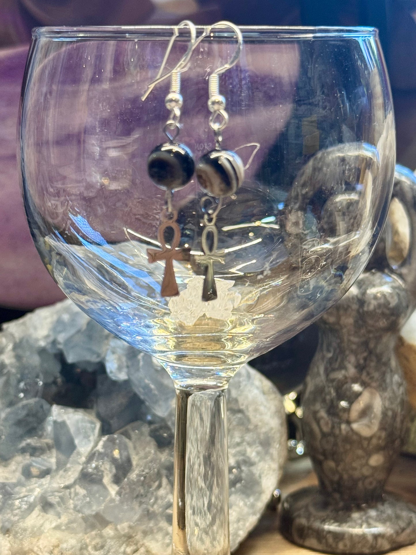 Boucles d’oreilles Agate Oeil et Croix de Ânkh