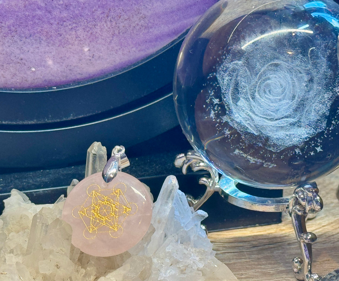 Pendentif rond en Quartz Rose et Sceau de Métatron