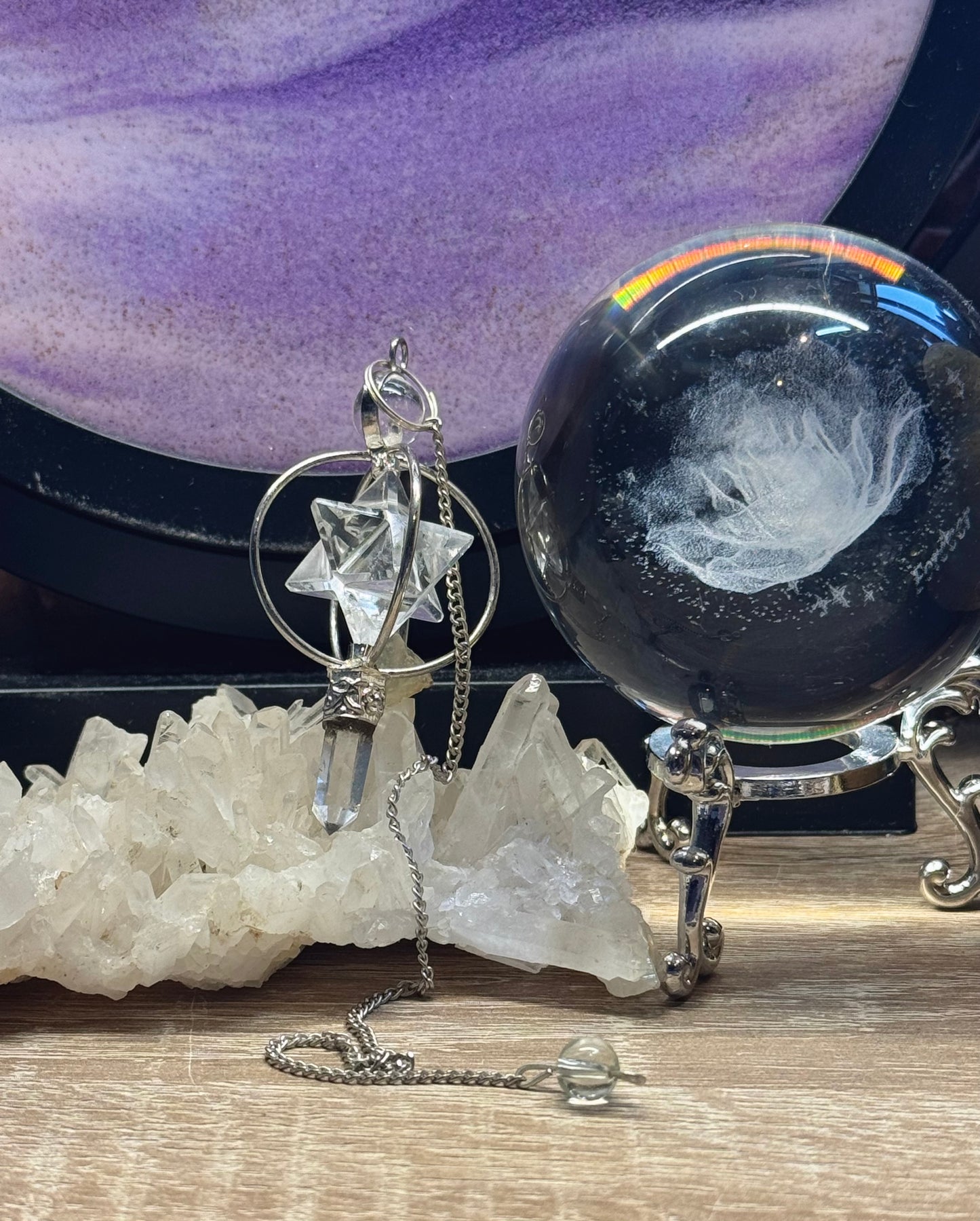 Pendule en cristal de roche Pointe et Merkaba cerclée