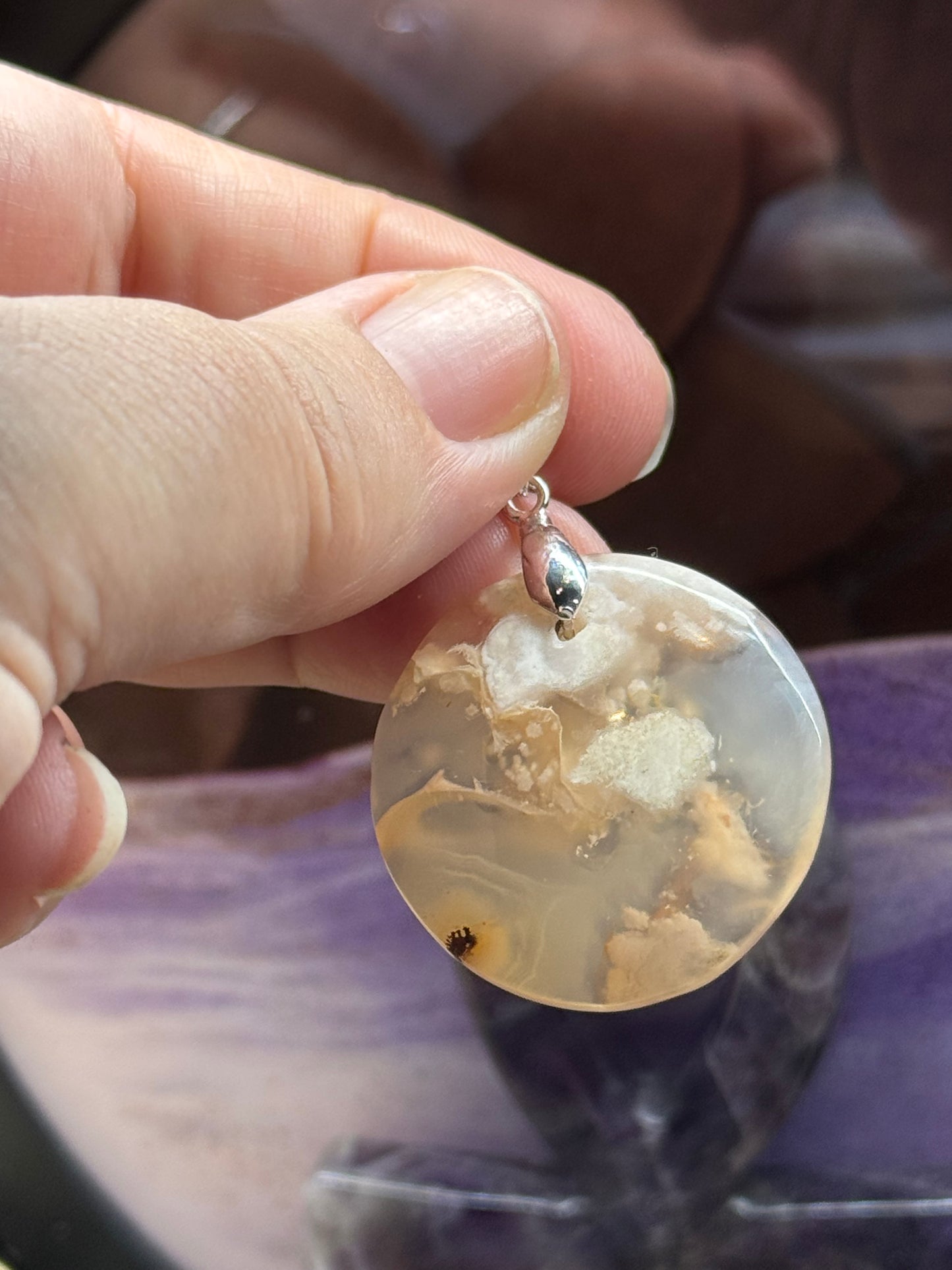 Pendentif rond en Agate Fleurs de cerisier