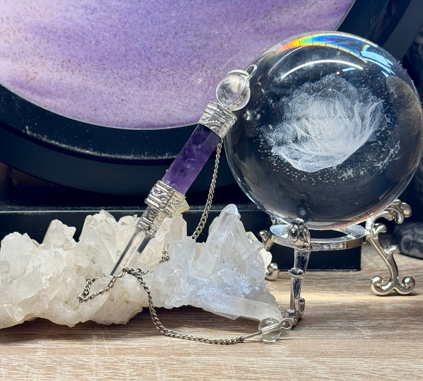 Pendule Pointe Cristal de Roche et Améthyste