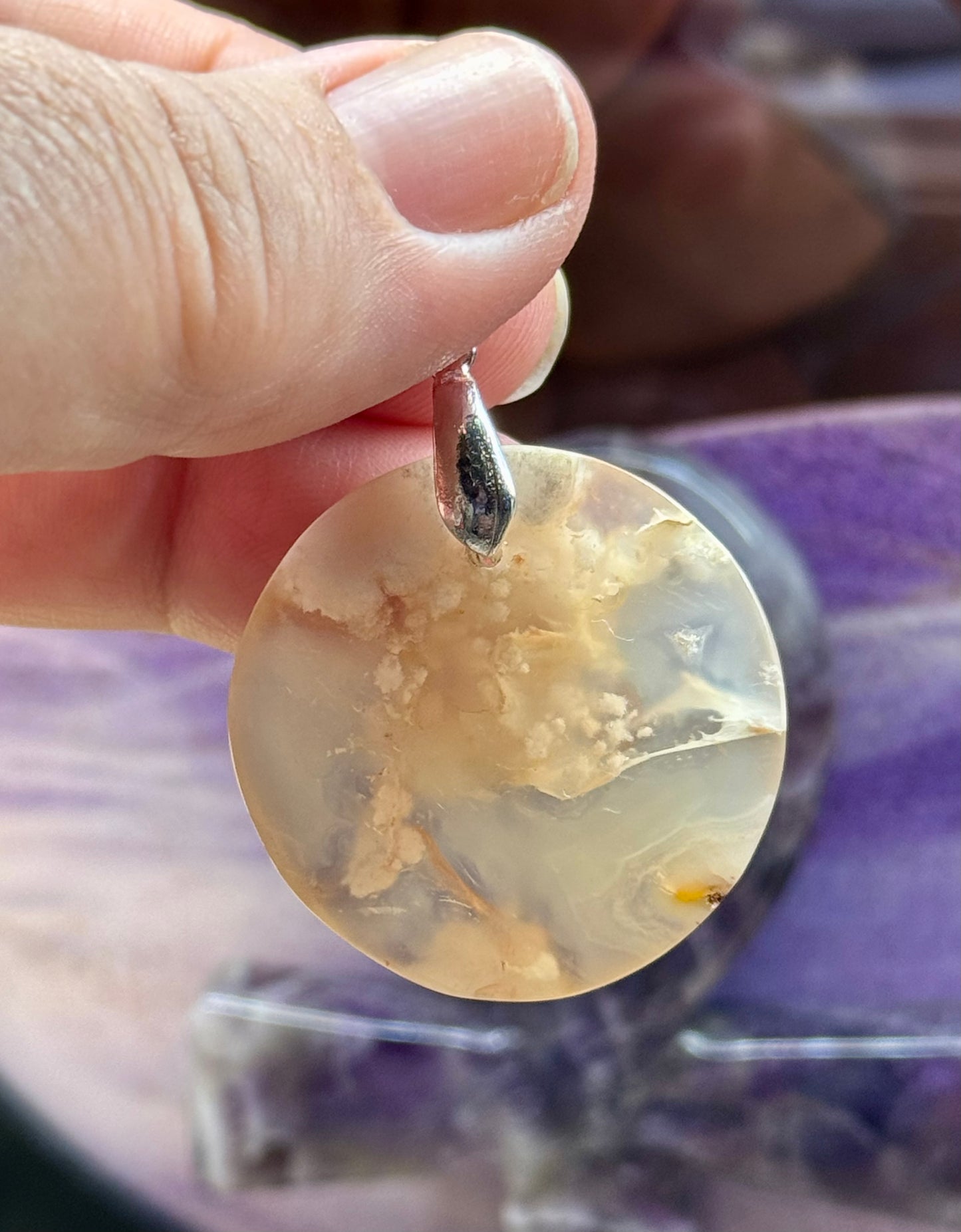 Pendentif rond en Agate Fleurs de cerisier