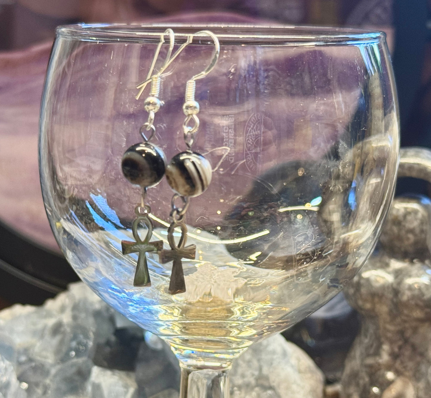 Boucles d’oreilles Agate Oeil et Croix de Ânkh