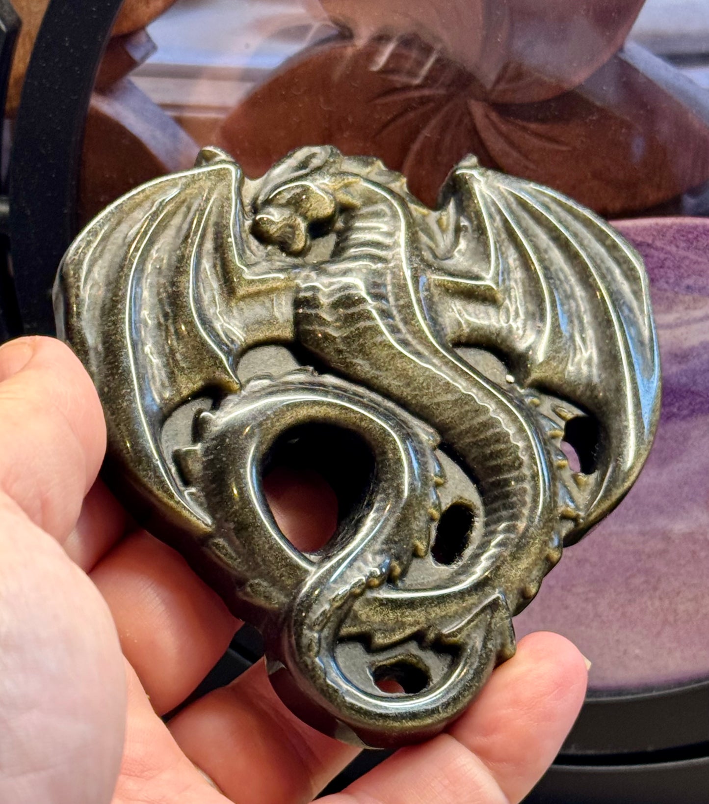 Figurine de Dragon en Obsidienne dorée
