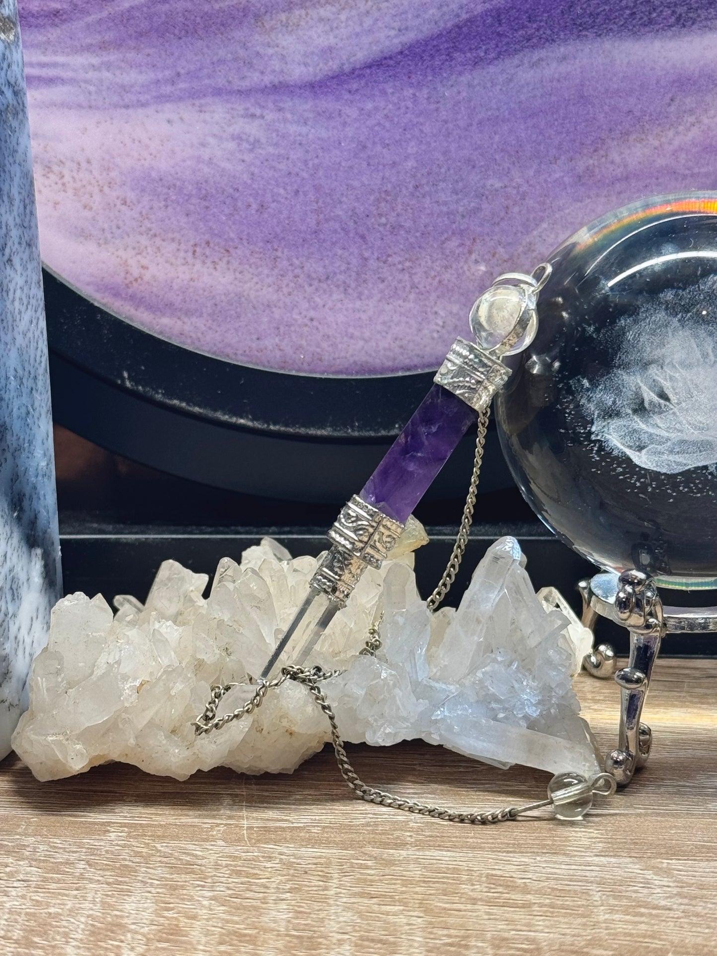 Pendule Pointe Cristal de Roche et Améthyste