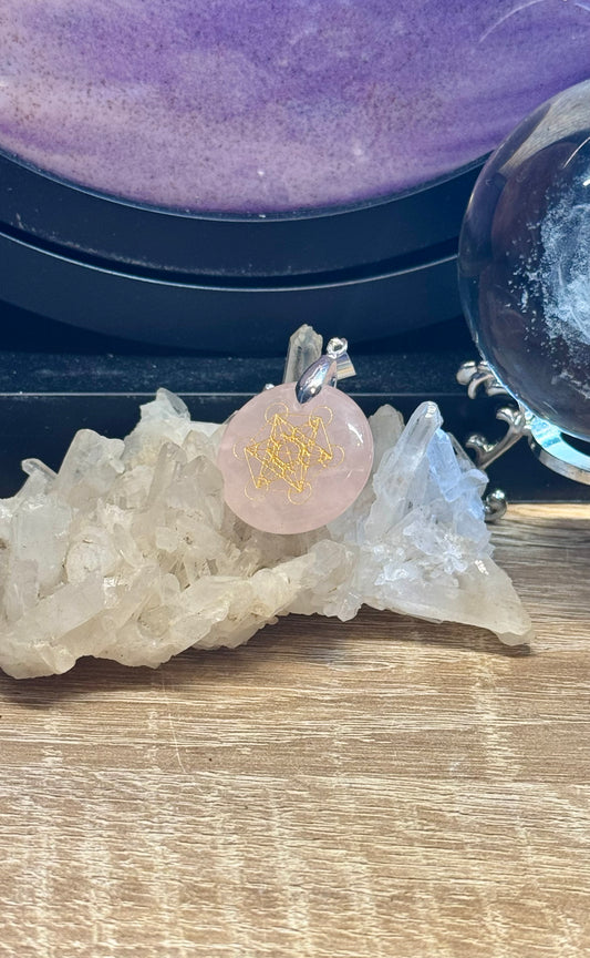Pendentif rond en Quartz Rose et Sceau de Métatron