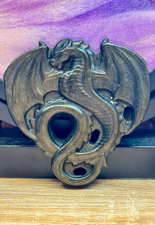 Figurine de Dragon en Obsidienne dorée