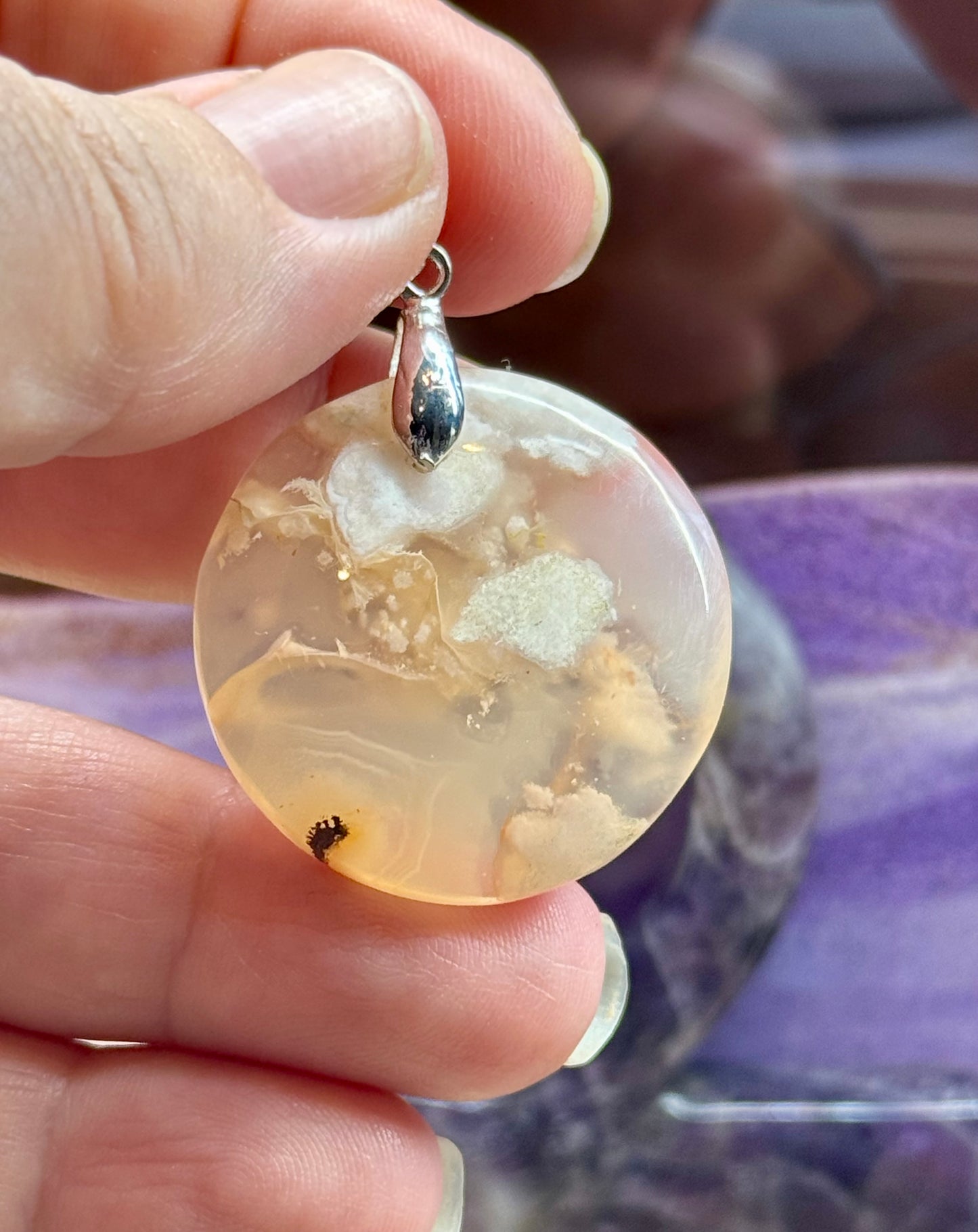 Pendentif rond en Agate Fleurs de cerisier