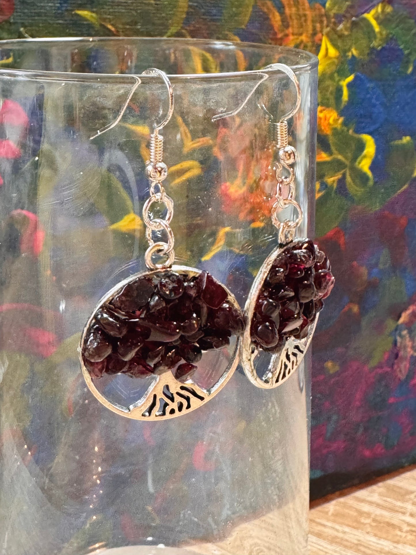 Boucles d’oreilles argent arbre de vie en grenat