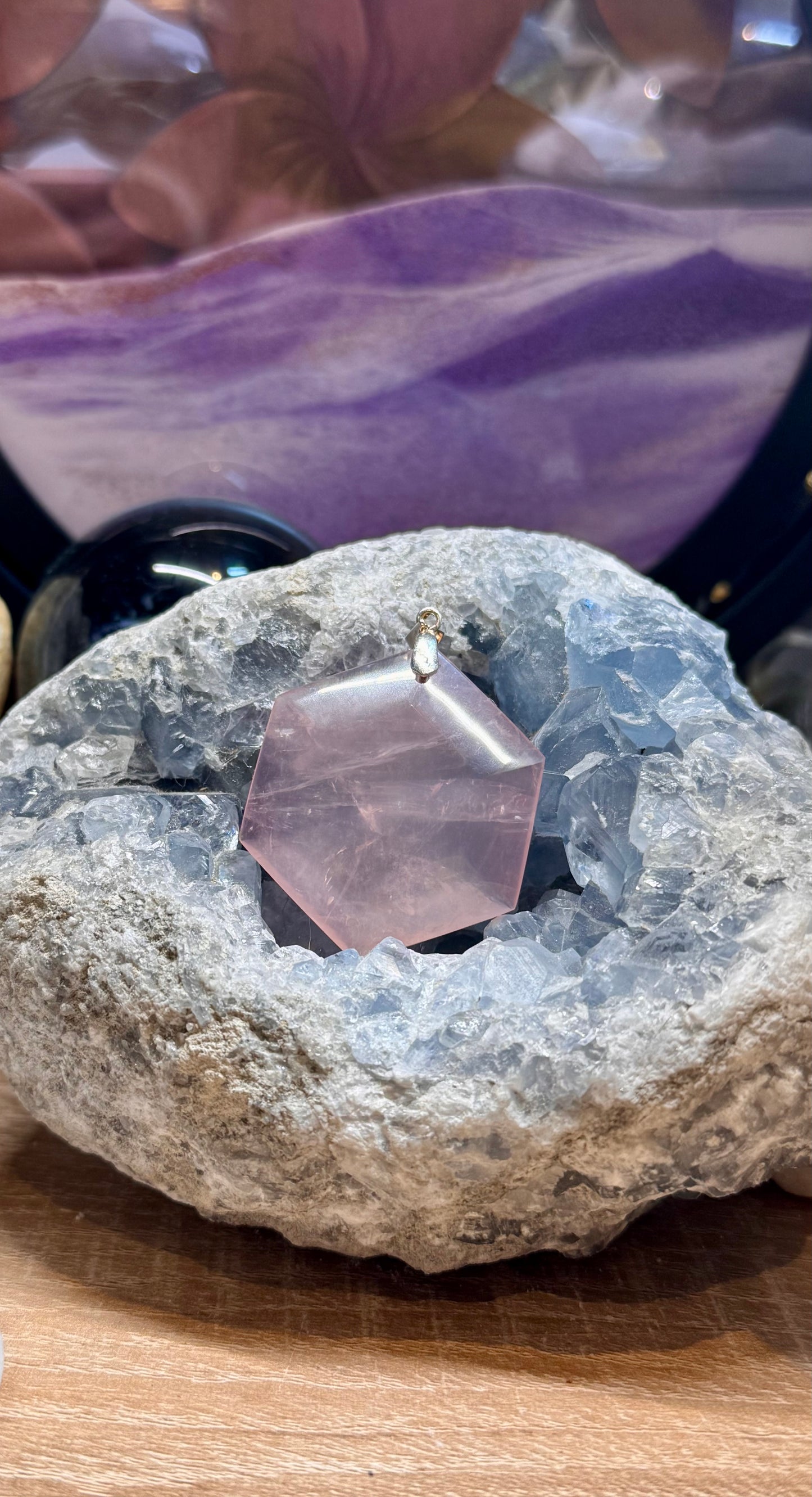 Pendentif de Quartz Rose hexagonal