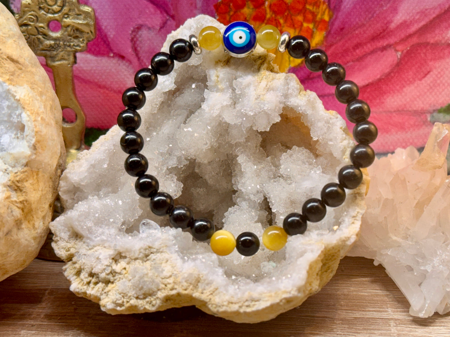 Bracelet de protection obsidienne noire et œil de tigre
