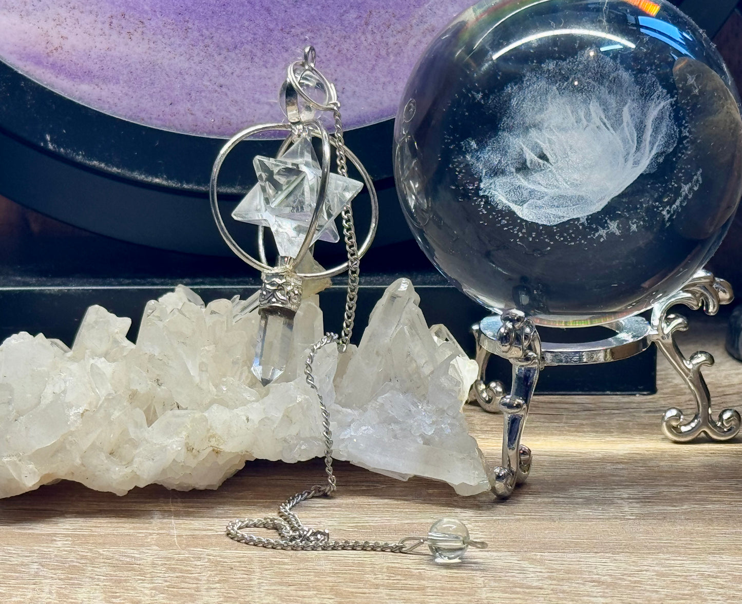 Pendule en cristal de roche Pointe et Merkaba cerclée