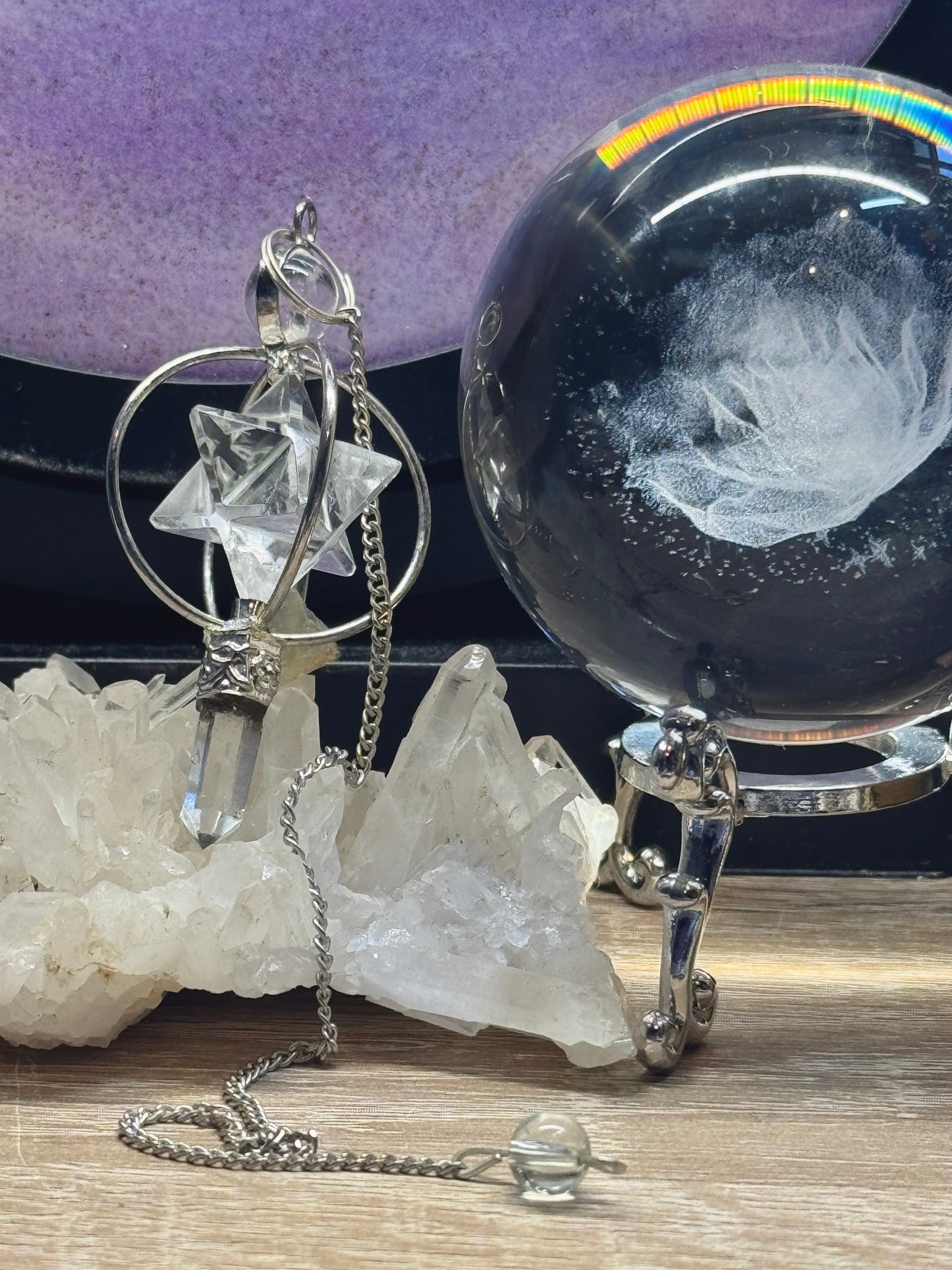 Pendule en cristal de roche Pointe et Merkaba cerclée