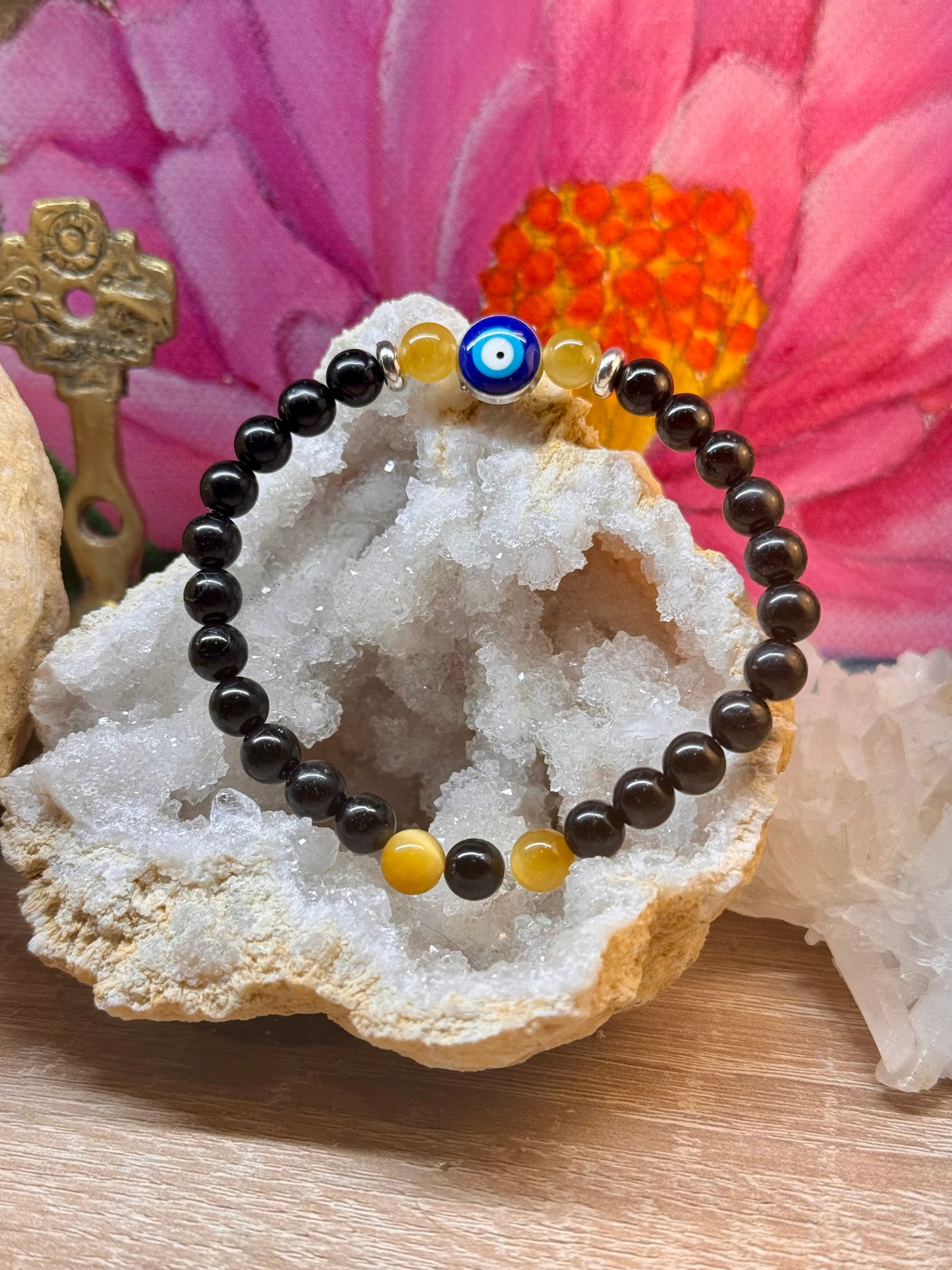 Bracelet de protection obsidienne noire et œil de tigre